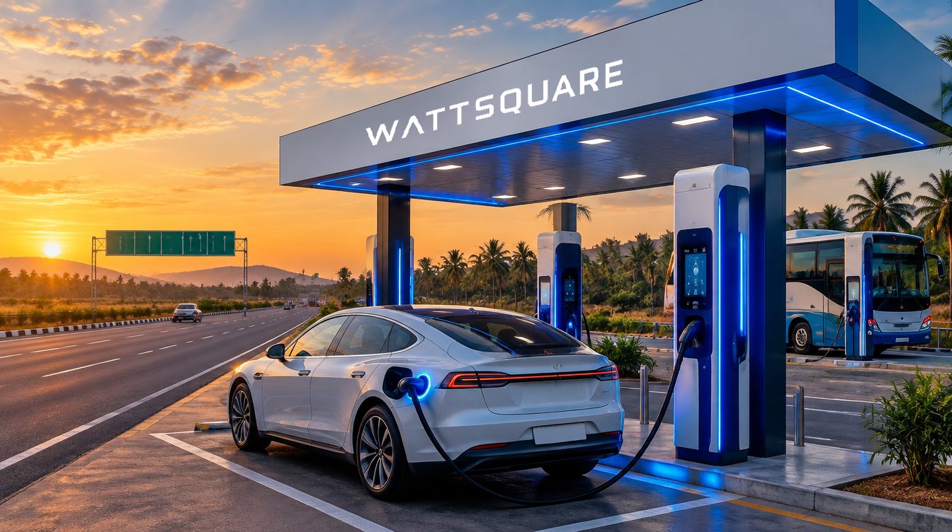 A WattSquare ChargeHub canopy on an Indian national highway at sunset, with an electric car and an intercity coach charging at ultra-fast dispensers