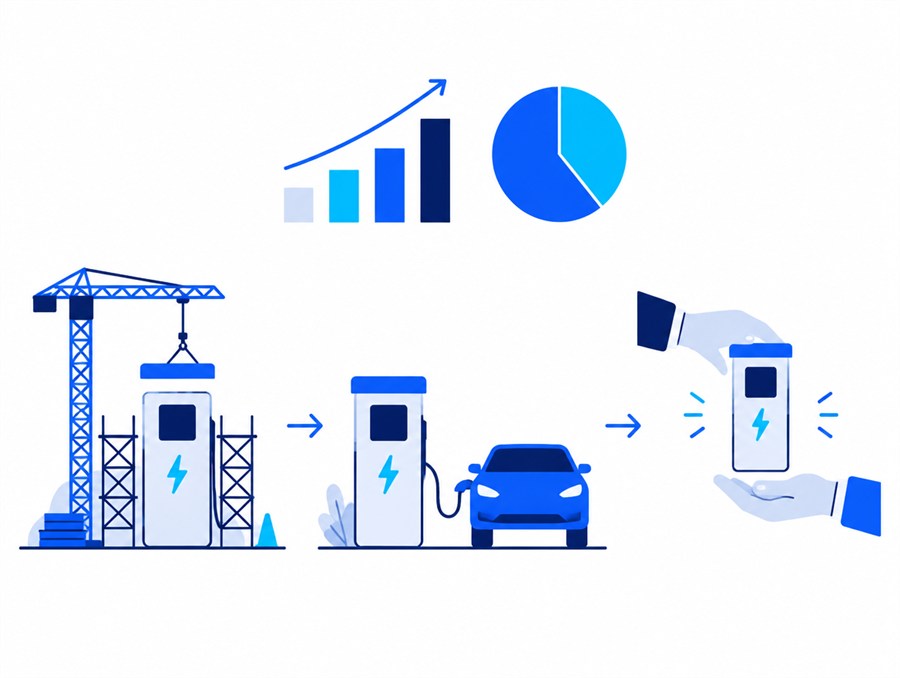 Build, operate and transfer: a station under construction, then operating with a car charging, then handed over, above a rising profit chart and a two-way profit split