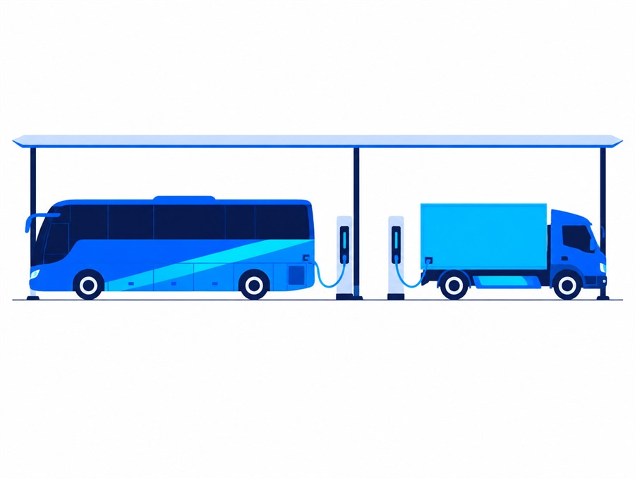 An electric intercity coach and an electric delivery truck charging side by side under a canopy