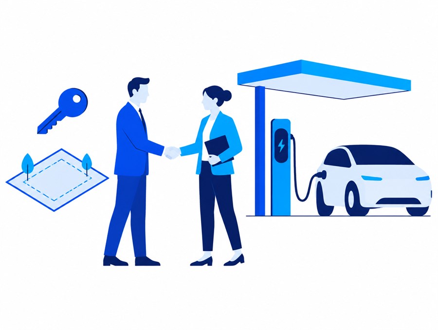 Two partners shaking hands in front of their own charging station, with a key and a plot of land